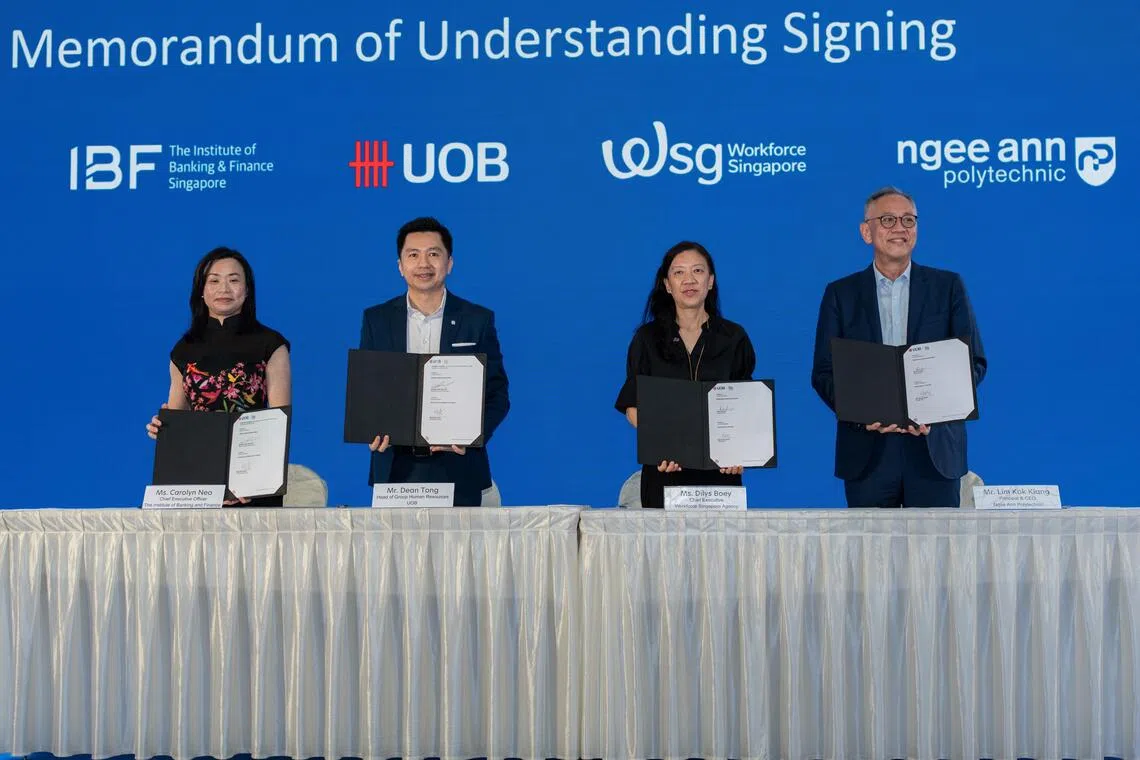 Among UOB’s efforts to enhance its employee upskilling and reskilling initiatives is a memorandum of understanding signed with the Institute of Banking and Finance Singapore, Workforce Singapore and Ngee Ann Polytechnic.