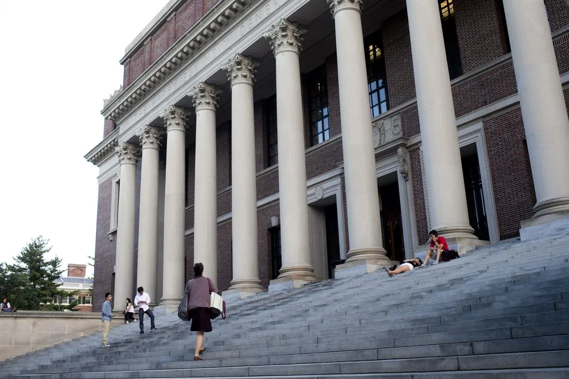 Harry Elkins Widener library on the campus of Harvard University in Cambridge, Massachusetts : Harvard is being challenged on its use of affirmative action, which discriminates against Asian Americans.