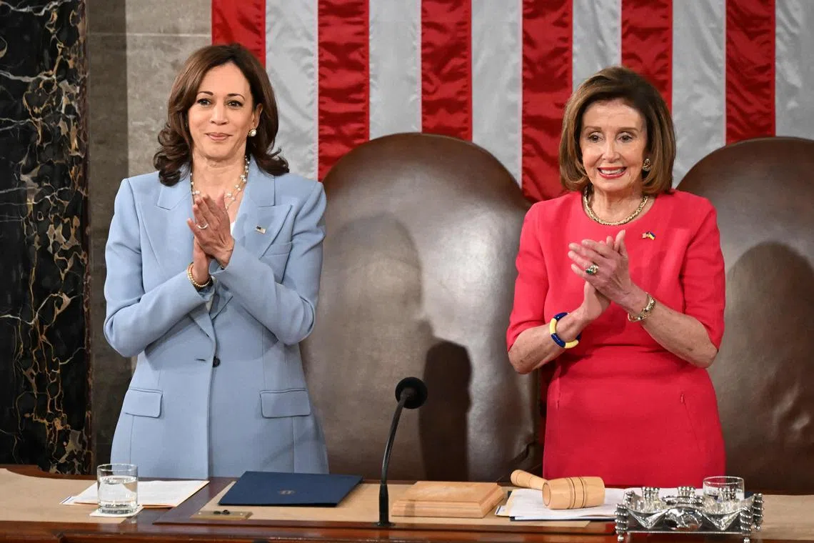 US Vice-President Kamala Harris (left) on July 22, 2024 won the crucial backing of Democratic heavyweight Nancy Pelosi to lead the party against Donald Trump in November.