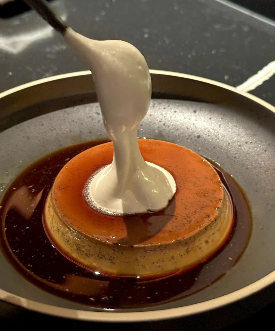 Japanese custard pudding in golden caramel sauce.