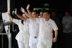 PM Lawrence Wong (front) leads the PAP's team for Marsiling-Yew Tee GRC, which comprises Senior Minister of State for Defence and Manpower Zaqy Mohamad, Alex Yam, and Hany Soh. 