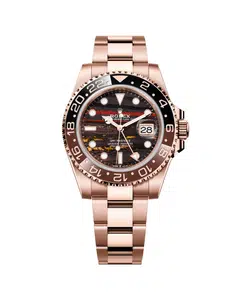 The GMT-Master II in 18 ct Everose gold with Cerachrom bezel insert in brown and black ceramic is now available with a dial in tiger iron for the first time.