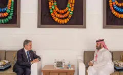 In the meeting with US Secretary of State Antony Blinken (left), Saudi Crown Prince Mohammed bin Salman stressed the need to find ways to stop the conflict, and respect international law, including by lifting the Israeli blockade on Gaza, Saudi state news agency SPA reports.