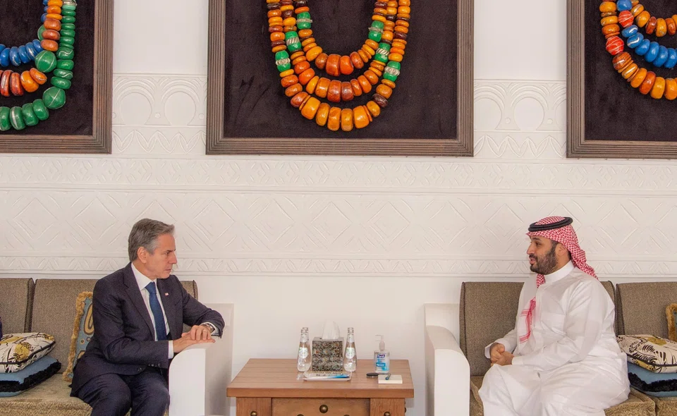 In the meeting with US Secretary of State Antony Blinken (left), Saudi Crown Prince Mohammed bin Salman stressed the need to find ways to stop the conflict, and respect international law, including by lifting the Israeli blockade on Gaza, Saudi state news agency SPA reports.