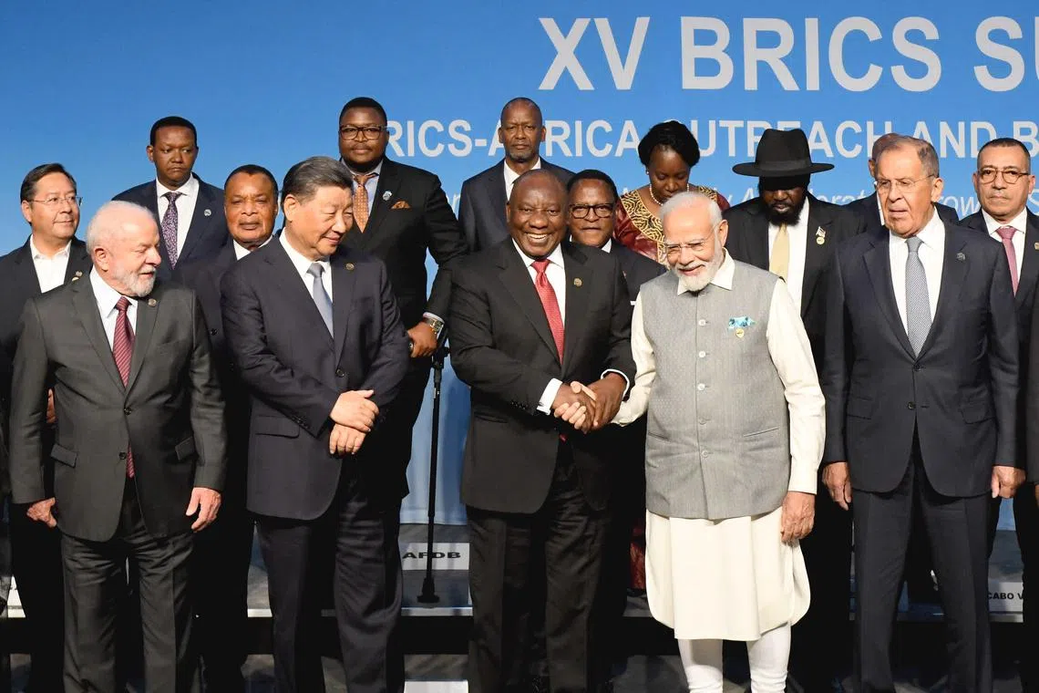 Brics leaders and delegates on the closing day of the Brics summit in Johannesburg, South Africa, Aug 24, 2023. The grouping announced that they would welcome six new members in January 2024. 