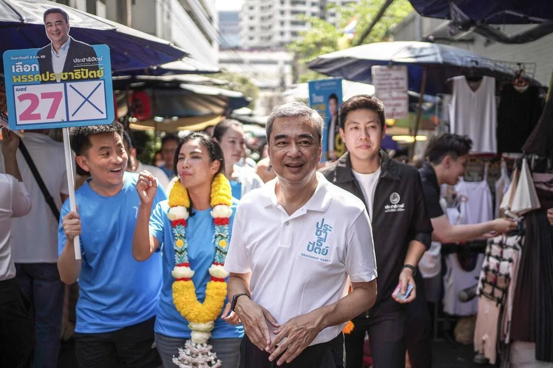 Democrat Party candidate Abhisit Vejjajiva smiles during an election campaign rally ahead of the Feb 8 general election, Bangkok, Thailand, Jan 27, 2026. 