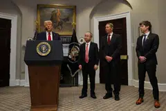(From left) US President Donald Trump delivers remarks on AI infrastructure next to Oracle co-founder Larry Ellison, SoftBank CEO Masayoshi Son and OpenAI CEO Sam Altman at the White House, Washington, D.C., Jan 21, 2025.  