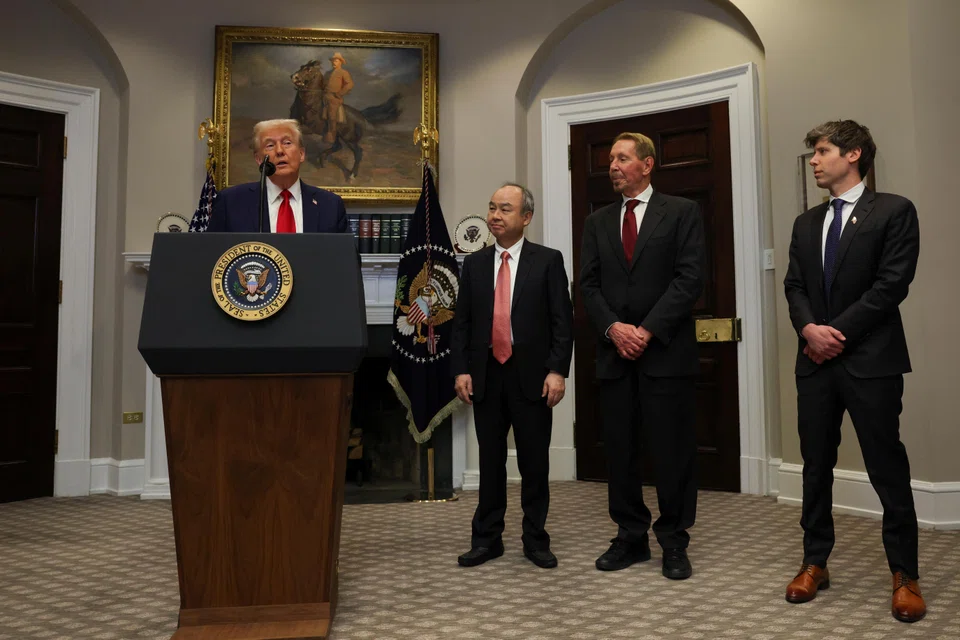 (From left) US President Donald Trump delivers remarks on AI infrastructure next to Oracle co-founder Larry Ellison, SoftBank CEO Masayoshi Son and OpenAI CEO Sam Altman at the White House, Washington, D.C., Jan 21, 2025.  