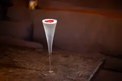 Dry Boney is a savoury tomato cocktail served in an elegantly tall glass, reflecting Tamba’s own figure.