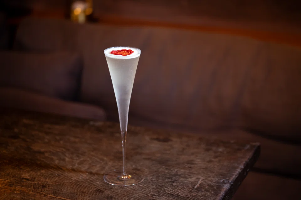 Dry Boney is a savoury tomato cocktail served in an elegantly tall glass, reflecting Tamba’s own figure.