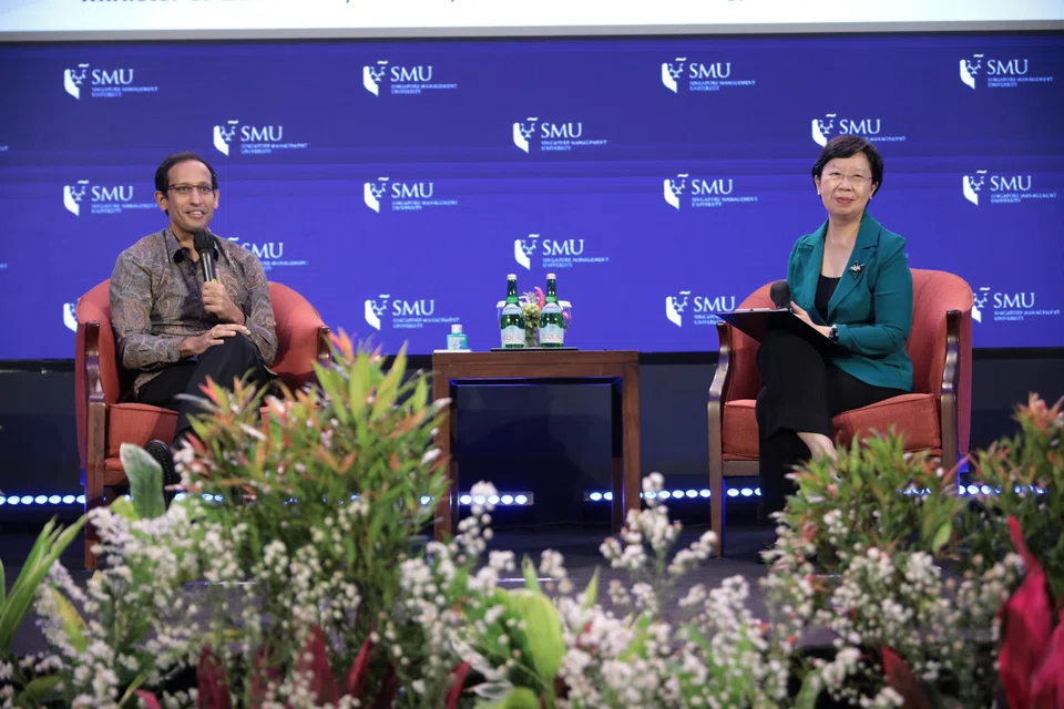 Indonesia's Minister of Education, Culture, Research, and Technology Nadiem Makarim (left) with SMU President Lily Kong at a fireside chat during the launch of SMU’s first Overseas Centre in Jakarta on Dec 6, 2022.
