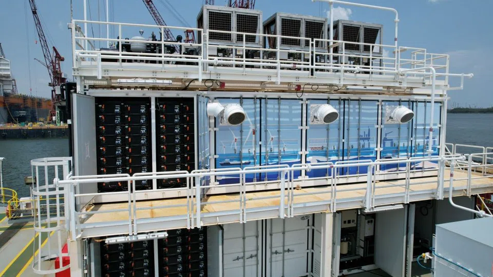 Seatrium's floating and stacked energy storage system. The energy and marine solutions group is working towards achieving 40 per cent of its net order book from renewables and cleaner or green solutions.