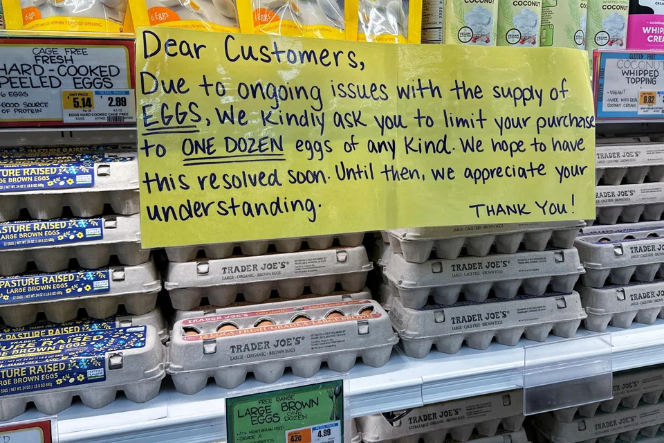 A sign at supermarket Trader Joe's hangs by cartons of eggs in Merrick, New York, Feb 10, 2025. Shipments of eggs to the US from Turkey began this month and will continue until July.