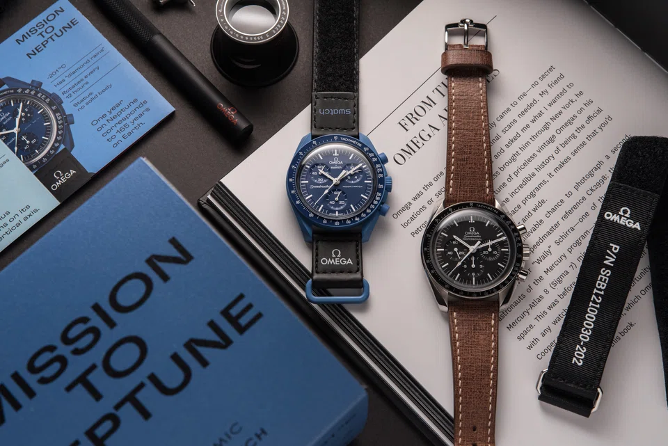 The MoonSwatch, a quartz-driven timepiece in a ceramic and bio-plastic composite-case, borrows key design elements from the Speedmaster and caused a global retail sensation when it was unveiled in March.