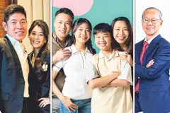 From left: Grab's Anthony Tan and his wife Chloe Tong, founders of Ace Team Foundation; Bryan Chua and Rachel Yang, founders of Scatech Philanthropy Fund, with their two children; and Goh Yeow Lian, executive chairman and managing director of Wee Hur.