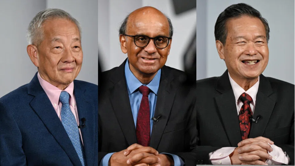 From left: Ng Kok Song, Tharman Shanmugaratnam, and Tan Kin Lian. Political impartiality is one of the hot topics in the candidates' broadcasts.
