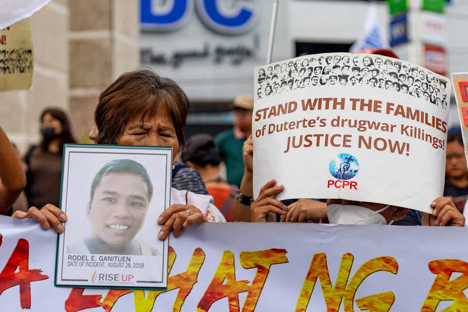 Protesters demonstrate demanding justice for drug war victims, after the arrest of Duterte, in Quezon City on March 11.