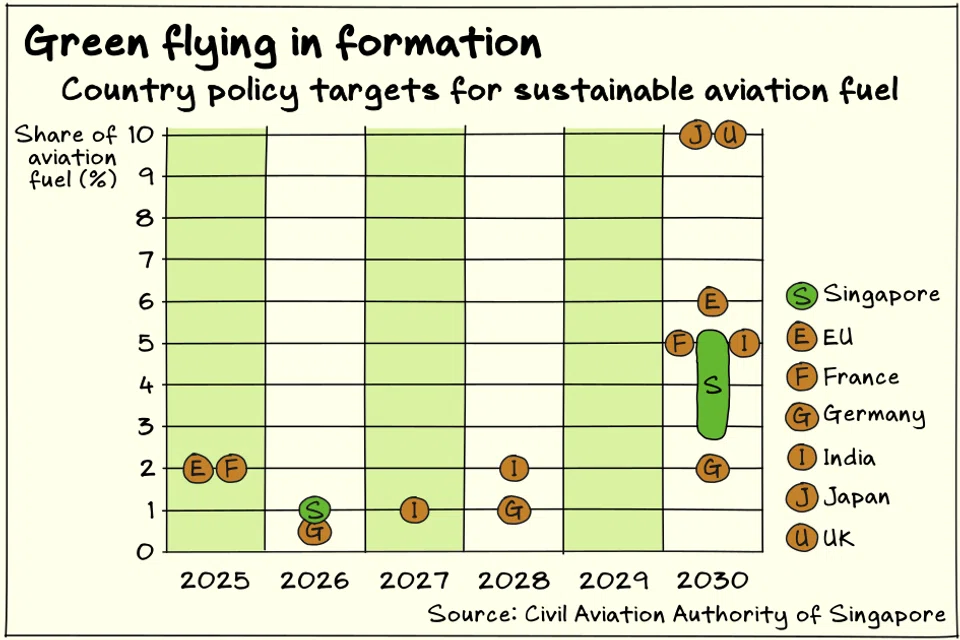 Most countries have adopted only modest targets for sustainable aviation fuel usage up to 2030.