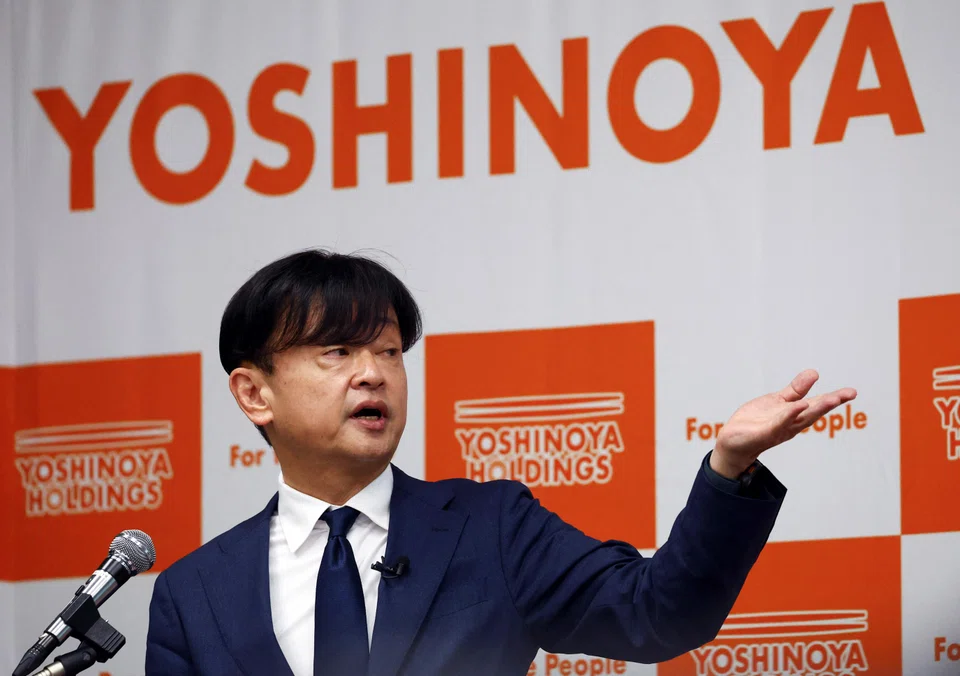 Japanese beef bowl chain operator Yoshinoya Holdings' incoming CEO Tetsuya Naruse speaks during the company's mid-term business plan briefing in Tokyo, Japan, May 19, 2025.  