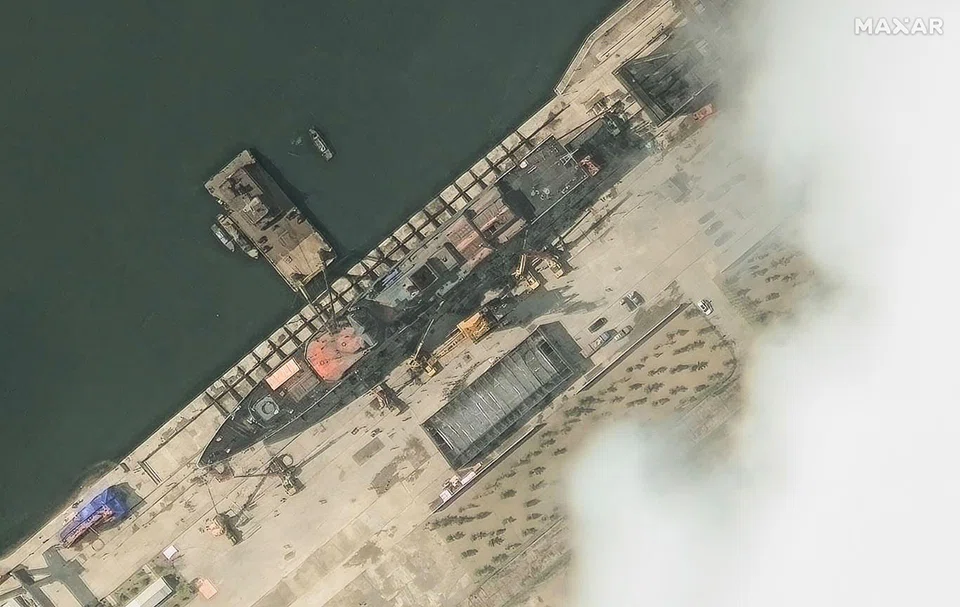 A satellite image of a new North Korean warship at the harbour ahead of its launch in Chongjin, North Korea,  May 22, 2025. 