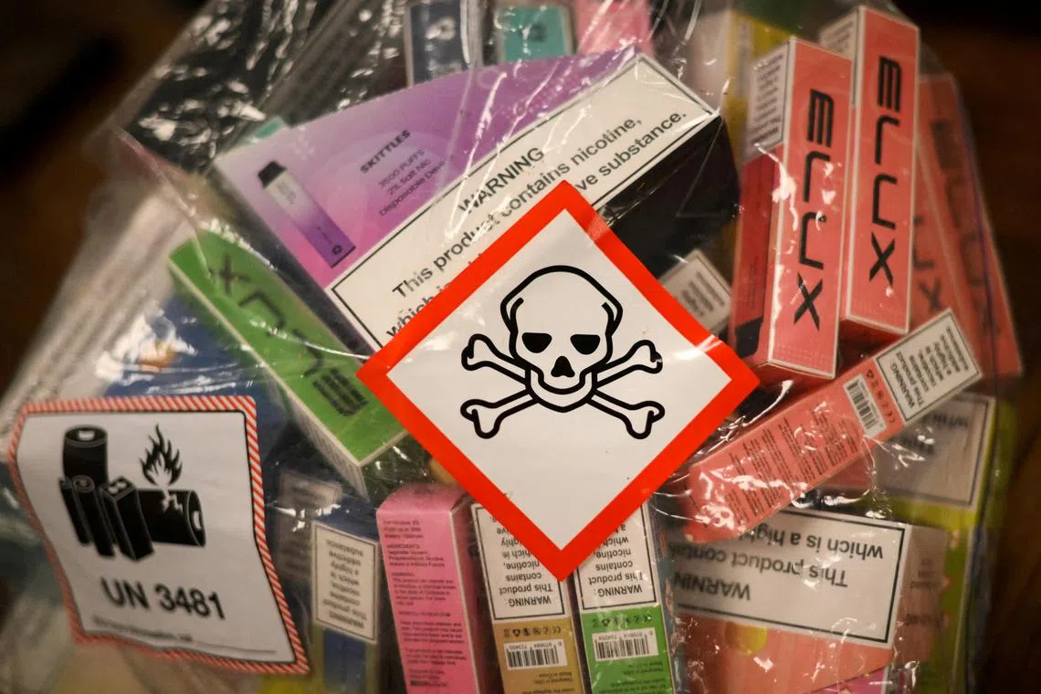 FILE PHOTO: Electronic vaping devices packed on a plastic bag are pictured during a visit of Britain's Prime Minister to Kent Scientific Services in West Malling, Britain May 30, 2023. Daniel Leal/Pool via REUTERS/File Photo