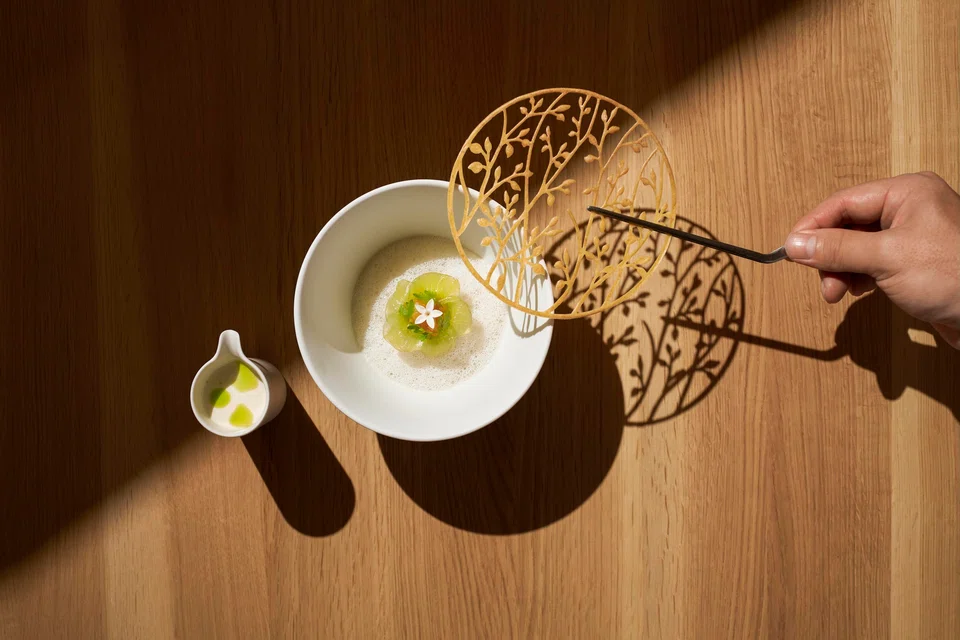 Vegetable dumpling in kombu-soya milk broth.