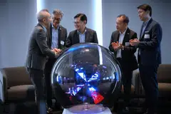From left: Professor Chen Tsuhan, deputy president (innovation and enterprise), NUS; Professor Tan Eng Chye, NUS president; Heng Swee Keat, deputy prime minister; Professor Aaron Thean, deputy president (academic affairs) and provost, NUS; and Professor Benjamin Tee, associate vice-president of NUS Enterprise at the NUS Deep Tech Venture Showcase.
