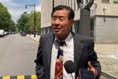 Chinese-American academic Wang Shujun speaks to the press after being convicted in Brooklyn federal court on charges of acting as an illegal agent of China's government, in New York, US, Aug 6, 2024.