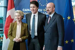 From left: European Commission President Ursula von der Leyen, Canadian Prime Minister Justin Trudeau and European Council President Charles Michel at the opening of the 19th EU-Canada summit in Newfoundland, Canada, on Nov 24. 