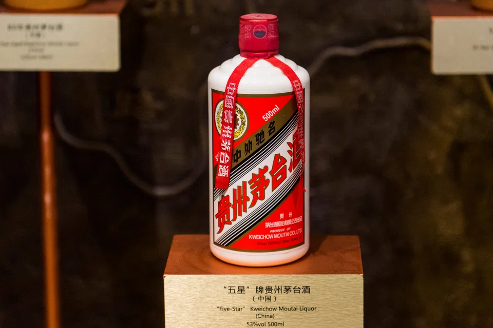 A bottle of Moutai Liquor on display in a showroom at Moutai Liquor Culture centre in Renhuai, Guizhou province, China; June 2017.