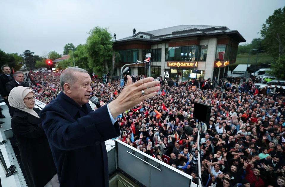 Turkish President Recep Tayyip Erdogan addressing supporters gathered outside his residence following his victory in Turkish presidential election at Kisikli district in Istanbul, Turkey, May 28, 2023. 