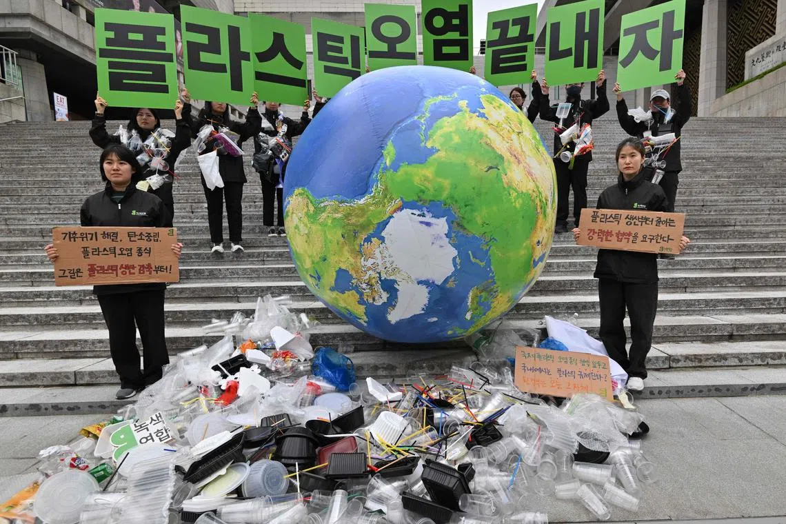 Environmental activists lobbying against plastic pollution on International Earth Day (April 22, 2024) in Seoul.