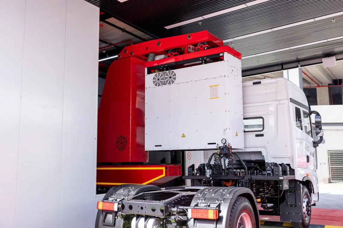 A battery charge and swop station and EV490 prime mover truck, both from China manufacturer Sany, launched on Aug 1, 2025 in Singapore. 