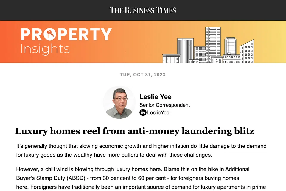 Adding to the chill felt in luxury homes is the headline-grabbing S$2.8 billion money laundering case that has seen 10 foreigners arrested to-date, writes BT senior correspondent Leslie Yee.