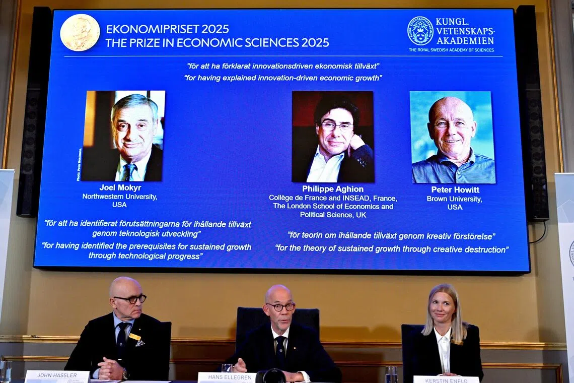 The Nobel Committee said. that Joel Mokyr used historical observations to identify the factors needed for sustained growth driven by technological innovations, while Philippe Aghion and Peter Howitt developed a mathematical model of creative destruction — an ongoing process in which new and better products replace the old.