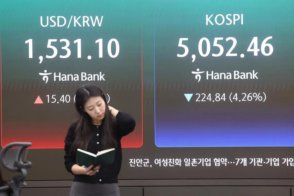 The benchmark Korea Composite Stock Price Index dropping 224.84 points, or 4.3%, to close at 5,052.46.  