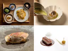 (Clockwise from top left) Fried chicken in yellow curry with coconut rice from Belimbing; cold noodles with local mussels in a savoury broth; roast suckling pig with roasted cherry apple from Sugarra; and chutoro or tuna belly sushi from Keijo.