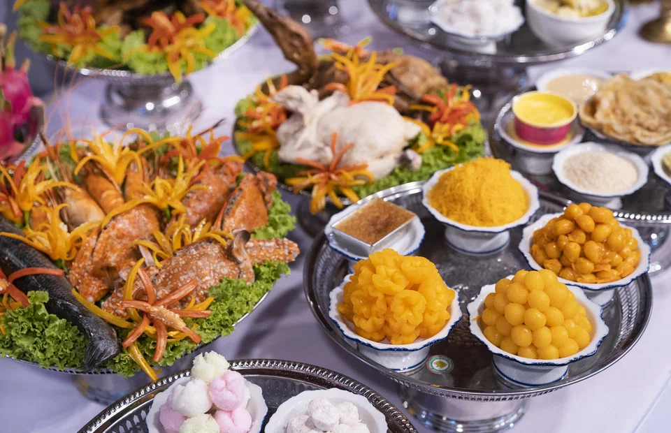 An elaborate altar laden with offerings.