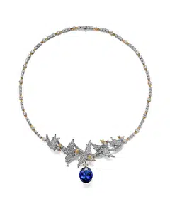 Bird on a Rock by Tiffany high jewellery necklace in platinum and yellow gold with tanzanite, diamonds and rubies.