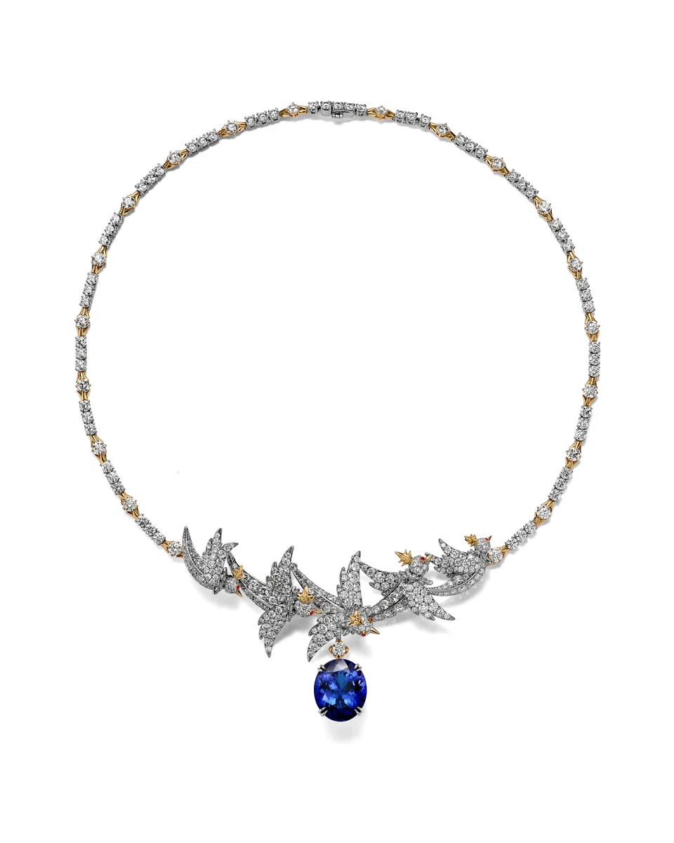 Bird on a Rock by Tiffany high jewellery necklace in platinum and yellow gold with tanzanite, diamonds and rubies.