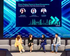 EDB's executive VP Cindy Koh (second from right) speaking at a panel session moderated by Siemen's customer communications project manager Christine Brunner (far left), alongside senior VP of Asean, digital industries Isabel Chong and CEO of Innowave Tech Xu Jinsong.