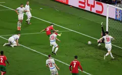 Portugal's Francisco Conceicao scores the team's second goal against Czech Republic in the dying minutes of the game at Leipzig Stadium, Leipzig, Germany, June 18, 2024.