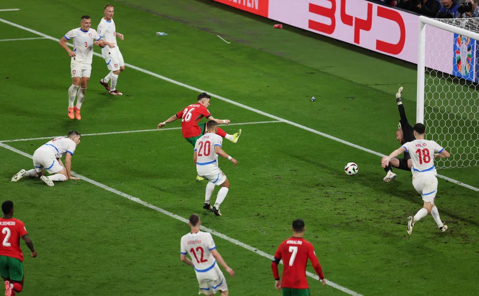 Portugal's Francisco Conceicao scores the team's second goal against Czech Republic in the dying minutes of the game at Leipzig Stadium, Leipzig, Germany, June 18, 2024.