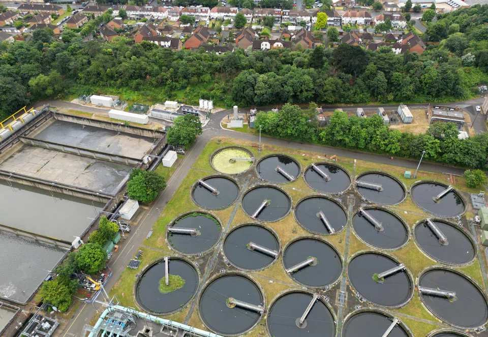Sewage treatment works, owned by Thames Water, in west London.  In cases where debt-ridden companies provide vital services, governments usually have to step in, as the UK authorities are expected to do in a potential renationalisation of Thames Water.