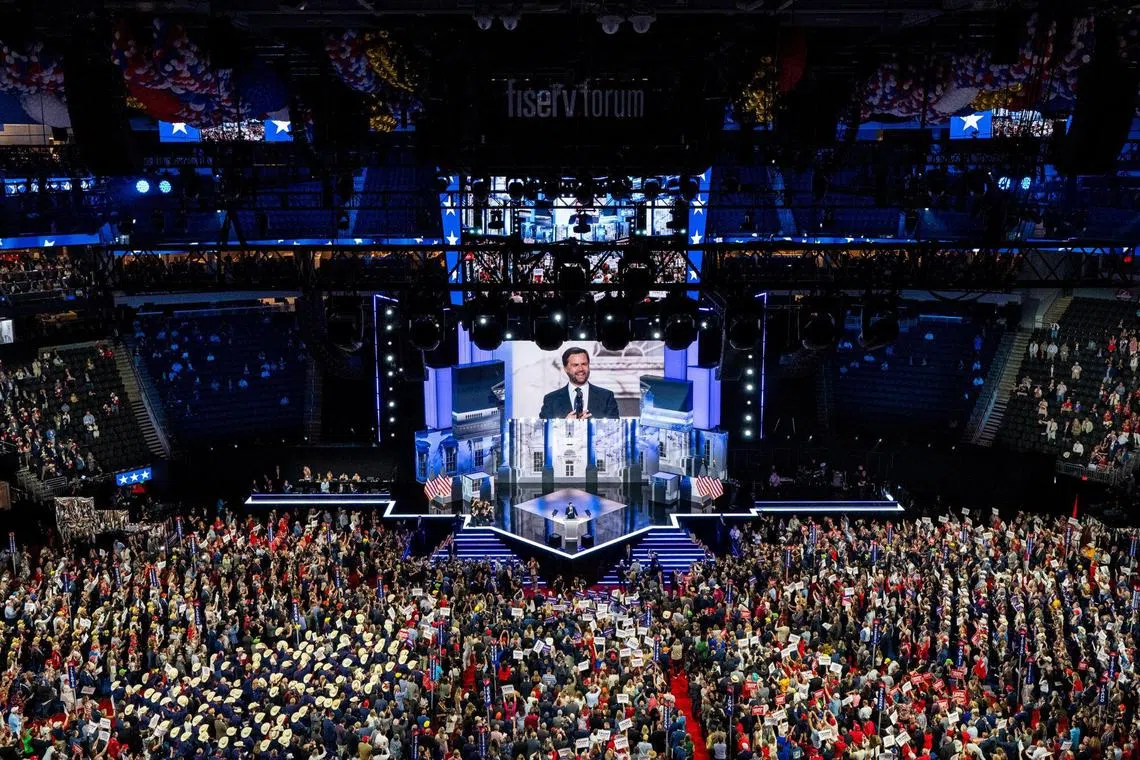 Ohio senator JD Vance, the Republican vice-presidential nominee, speaking at the Republican National Convention (RNC) in Milwaukee, Wisconsin, US, on July 17, 2024. 