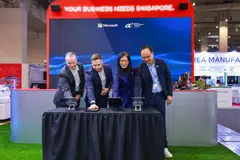 At the launch of the partnership between A*Star and Microsoft in Hannover, Germany, on Monday (Apr 20) were (from left):  Microsoft's managing director of digital engineering Guy Bursell; Microsoft's corporate vice-president of manufacturing and mobility Dayan Rodriguez; EDB's executive vice-president Cindy Koh; and A*Star's CEO of its advanced remanufacturing and technology centre Dr David Low. 