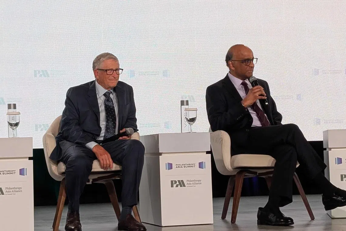 Bill Gates (left), co-founder of the Gates Foundation, at a conference on May 5 alongside Singapore President Tharman Shanmugaratnam.