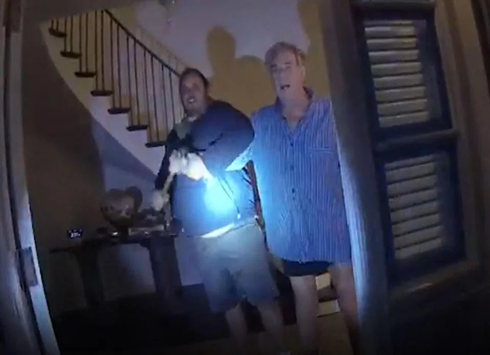 A still image from a San Francisco Police Department police body-cam video ordered released by San Francisco Superior Court, shows suspect David DePape (left) assaulting Paul Pelosi, husband of former Speaker of the House Nancy Pelosi, at their San Francisco home on Oct 28, 2022. 