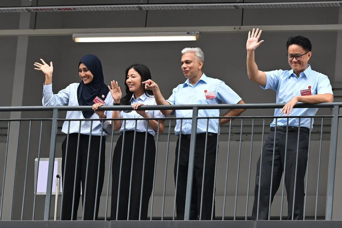 Contrary to expectations, Senior Counsel Harpreet Singh (third from left) was fielded in newly formed Punggol GRC, with fellow newcomers (from left) Siti Alia, Alexis Dang, and Jackson Au.