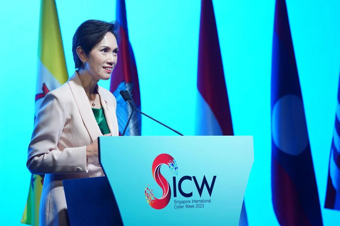 Mrs Josephine Teo delivering her opening address at the 8th Asean Ministerial Conference on Cybersecurity at the SICW, Oct 18.